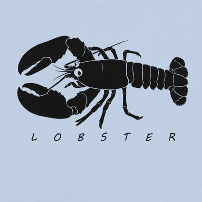 Black silhouette of a lobster with 'LOBSTER' text on a light blue background